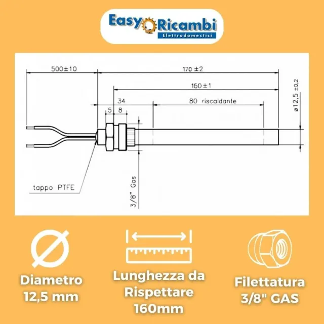 Easyricambi Stufa a legna 350W Candeletta Accensione Stufa Pellet , Diametro 12,5mm e Lunghezza sott