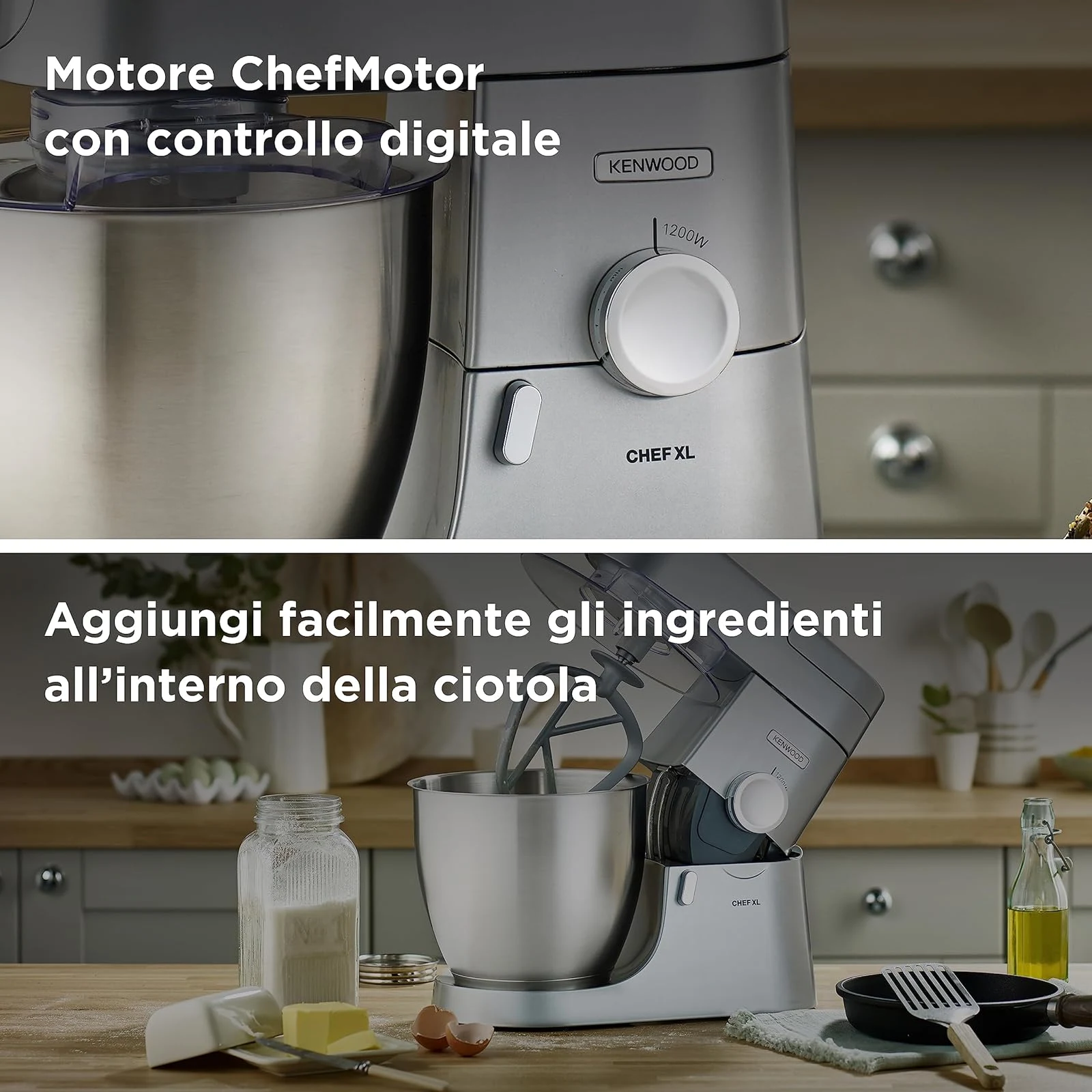 Kenwood Planetaria KVL4100S Impastatrice Planetaria Chef XL con Ciotola da 6,7L, 3 Ganci di Miscelaz