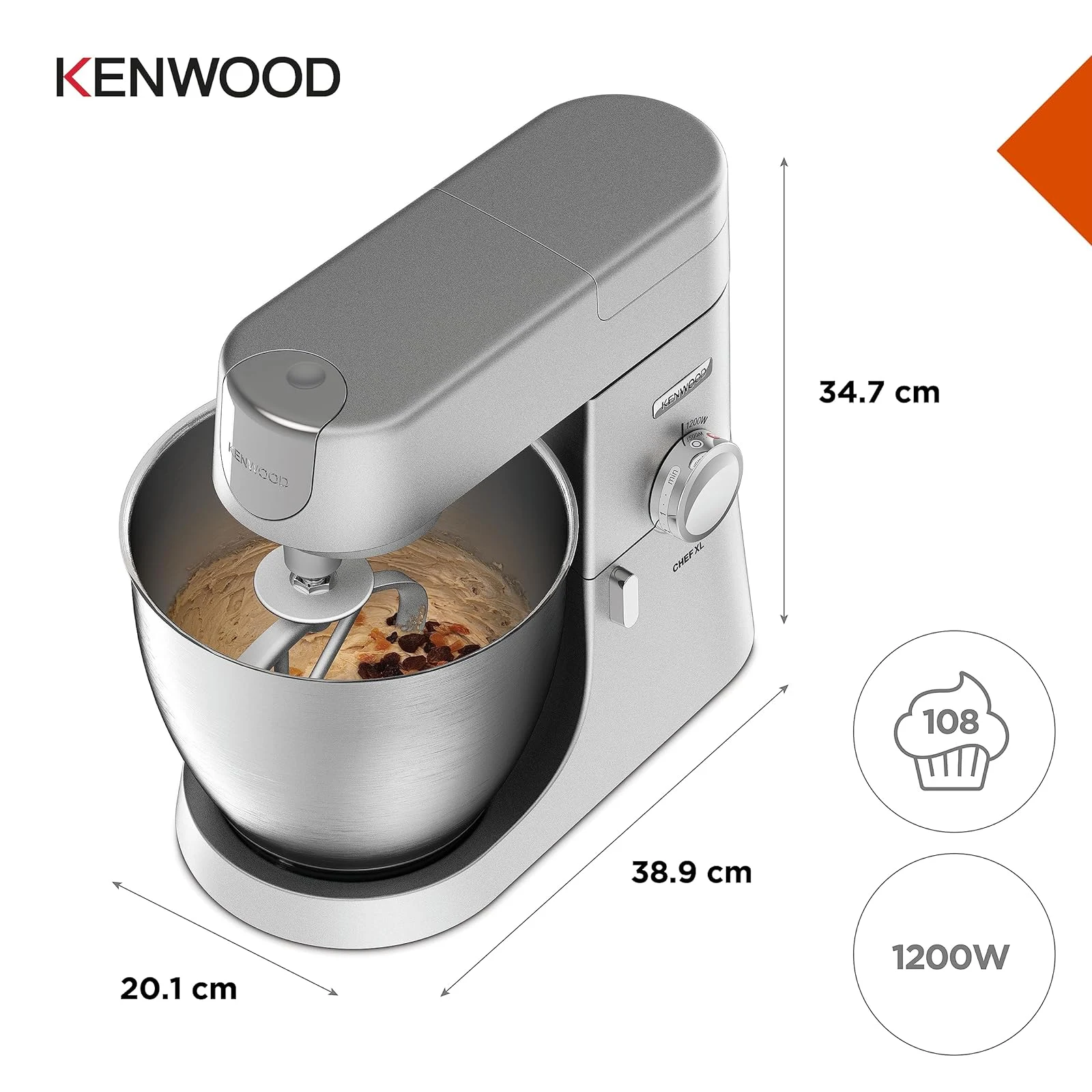 Kenwood Planetaria KVL4100S Impastatrice Planetaria Chef XL con Ciotola da 6,7L, 3 Ganci di Miscelaz