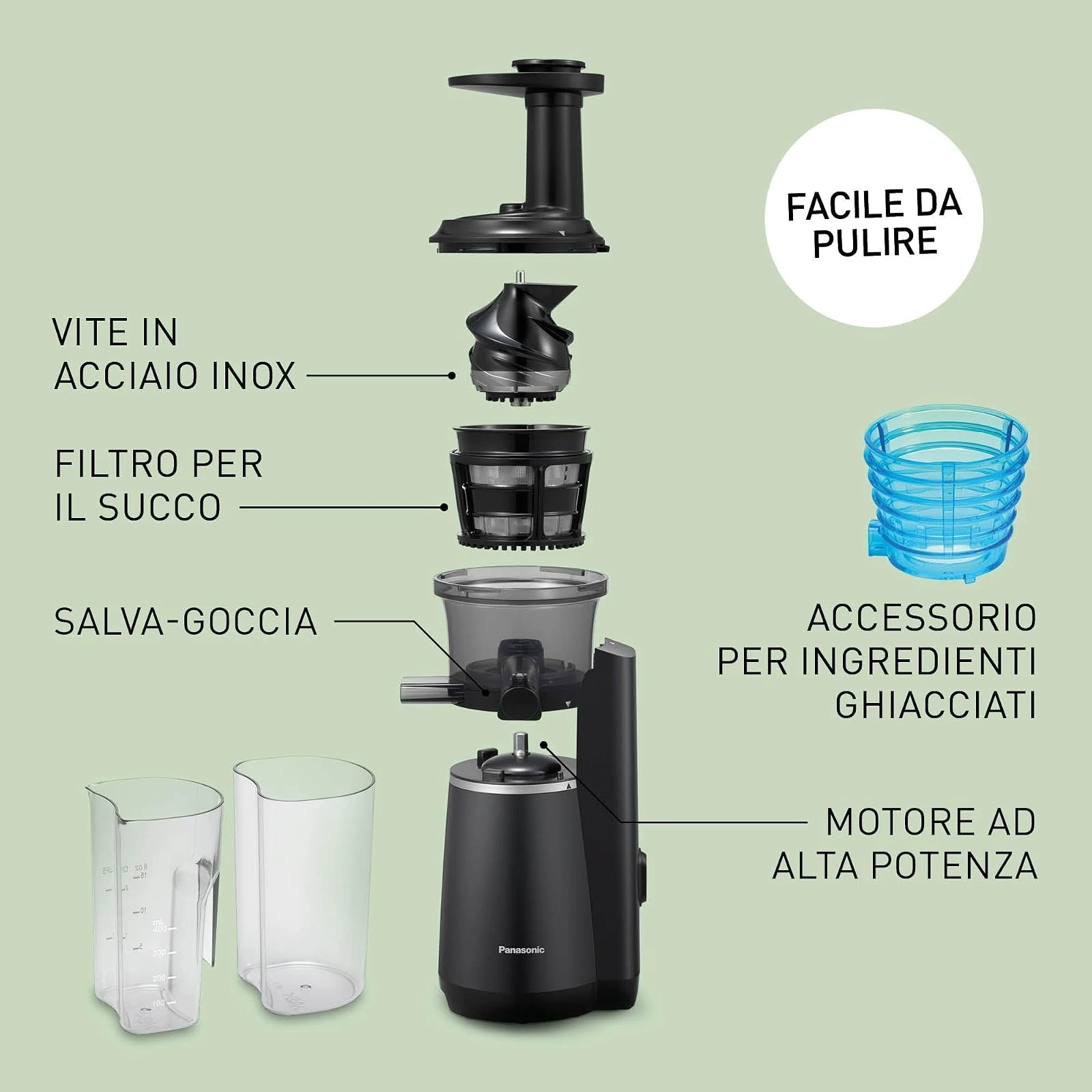 Panasonic Estrattore di succo MJ-L501KXE Slow Juicer , Estrattore Elettrico per Frutta e Verdura, 15