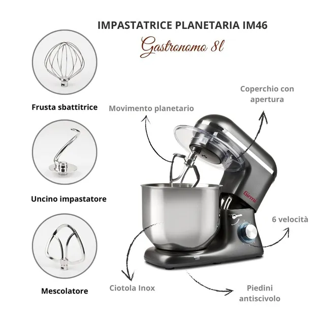 Girmi Planetaria IM46 Impastatrice Planetaria 8 Litri, 1800 W Max, 6 Velocità, Pulse, Contenitore In