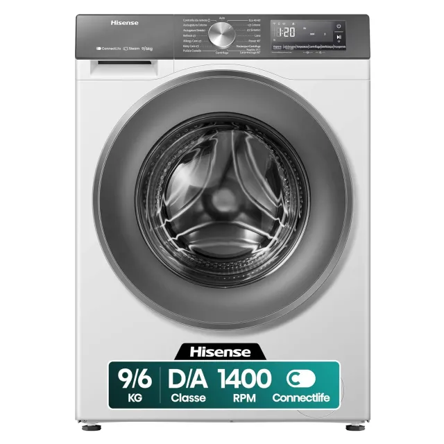 Hisense Lavasciuga carica alto WD3S9043BW7 Lavasciuga 9 + 6 Kg, 1400 Rpm, 15 Programmi Automatici, Vapore, Motore Inverter, Classe Energetica A-30%/D, Display Led, Grigio, WiFi