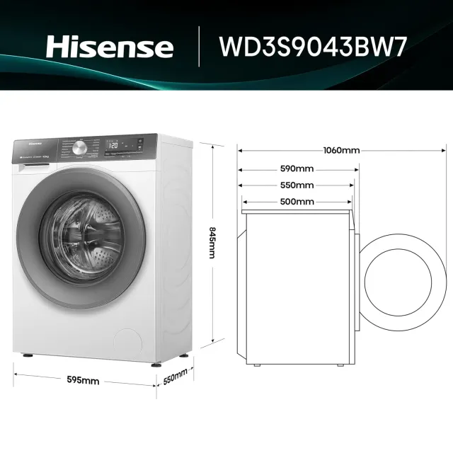 Hisense Lavasciuga carica alto WD3S9043BW7 Lavasciuga 9 + 6 Kg, 1400 Rpm, 15 Programmi Automatici, V