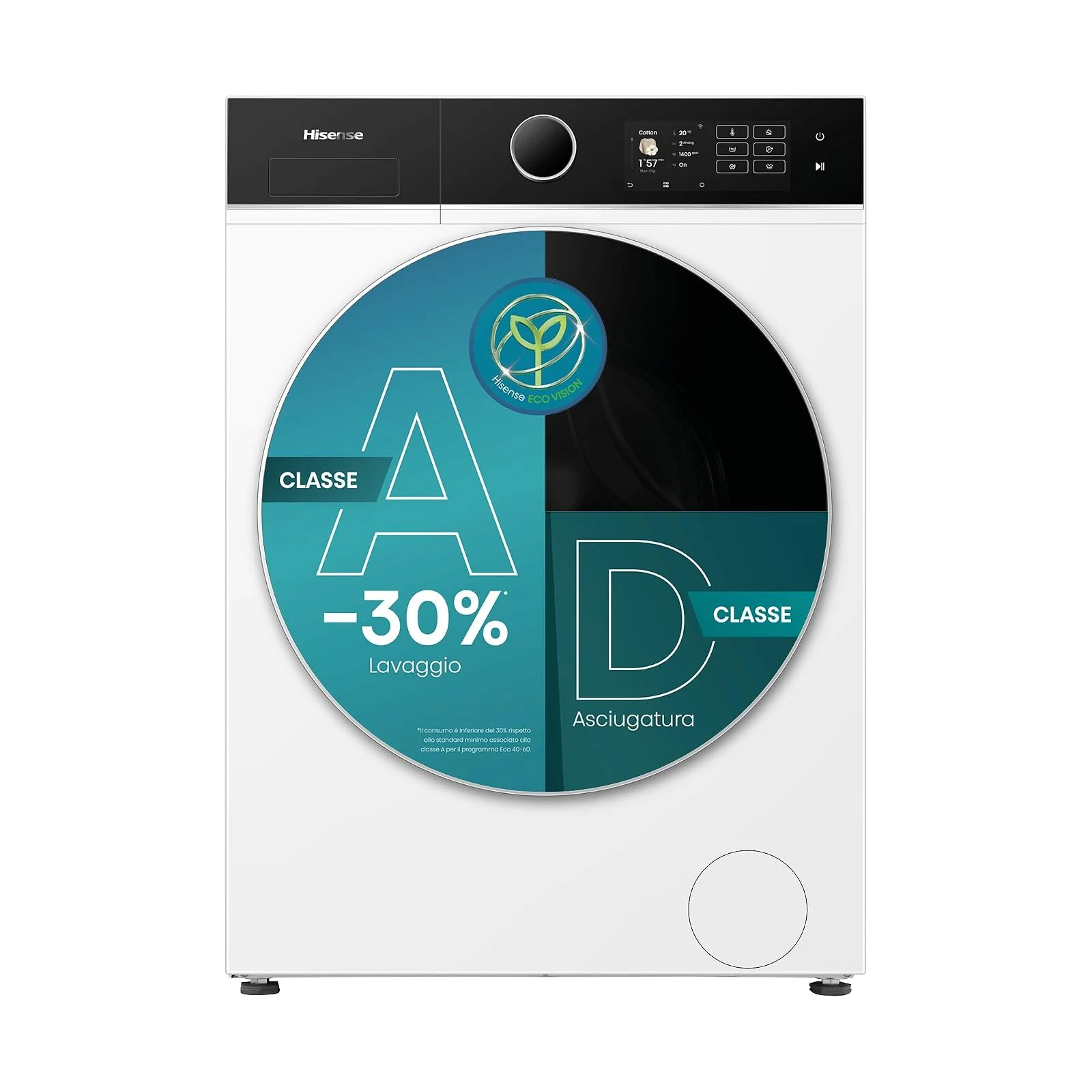 Hisense Lavasciuga WD5I8043BWF Lavasciuga Slim a Carica Frontale 8 kg, Slim, Classe A, 1400 rpm, 15 Programmi, Connectivity, Vapore, Refresh, Display Touch, Maxi cestello, Programma Rapido
