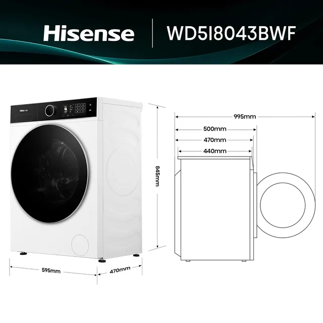 Hisense Lavasciuga WD5I8043BWF Lavasciuga Slim a Carica Frontale 8 kg, Slim, Classe A, 1400 rpm, 15 