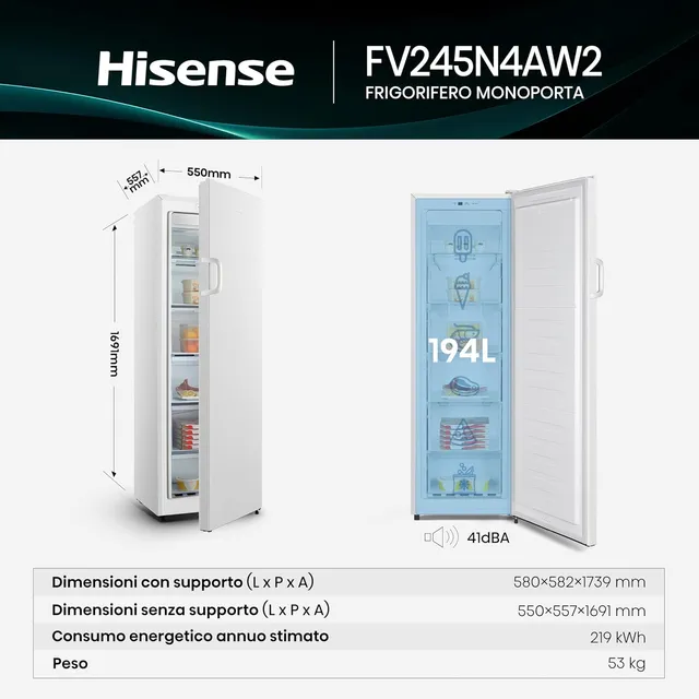 Hisense Congelatore FV245N4AW2 Freezer Verticale, Total No Frost, 194 L, Bianco, Porte reversibili