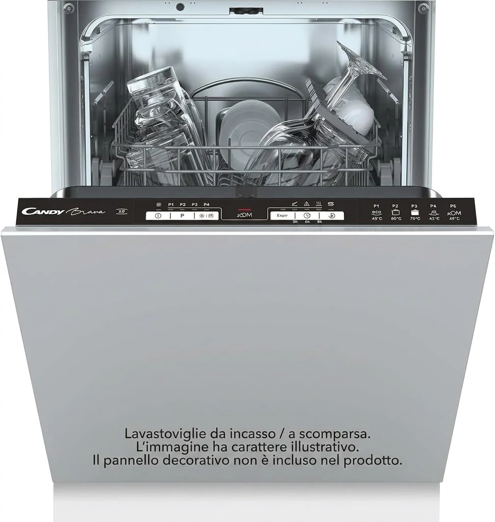 Candy Lavastoviglie integrata totale 3-6-9h Brava Lavastoviglie Slim da Incasso 45 cm, 9 Coperti, 5 Programmi, Ciclo Rapido 30 Min, Partenza Ritardata , Silenziosa, Classe F, 44,8 x 55,9 x 81,6 cm, Bianca