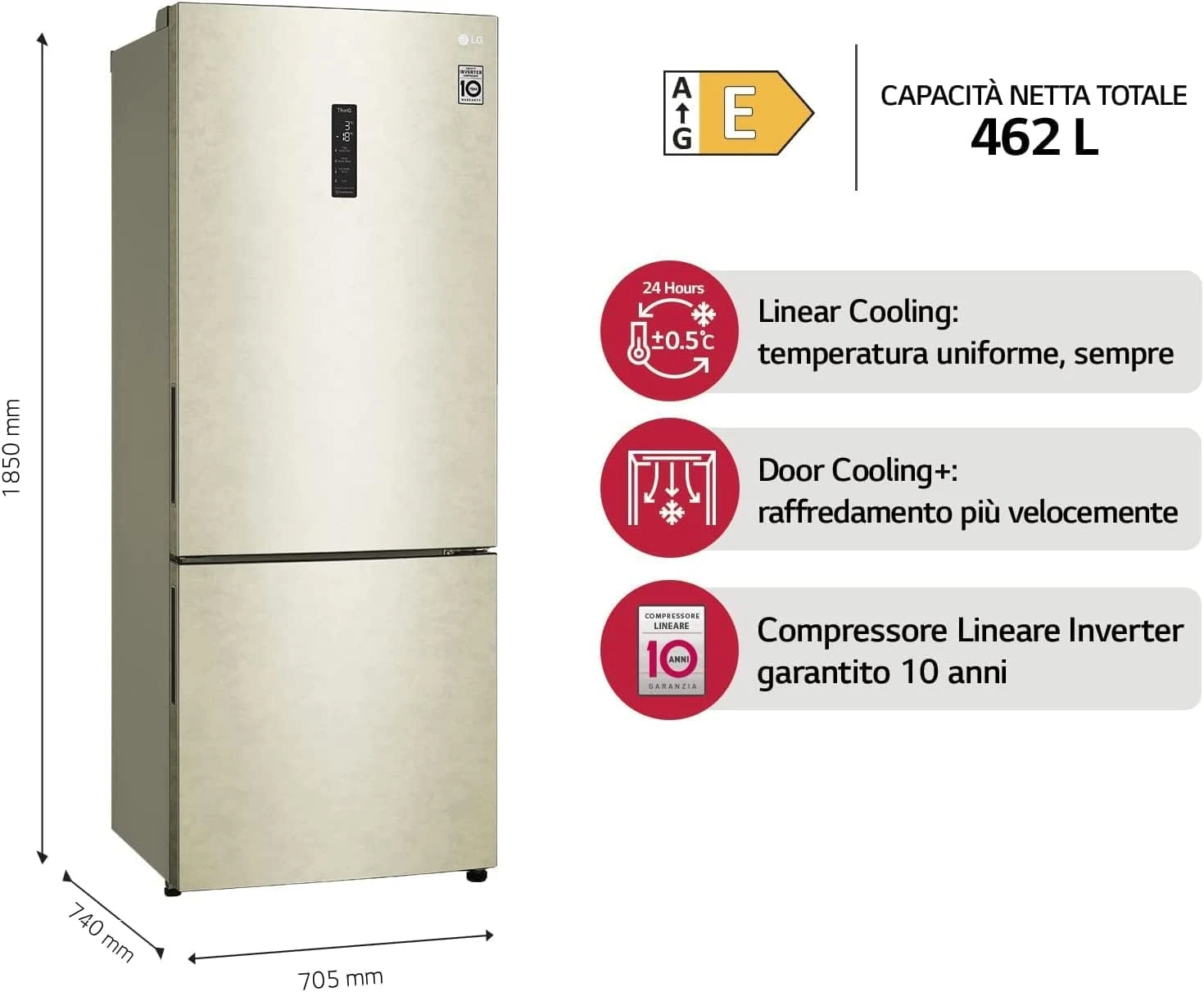 LG Frigorifero side by side GBB567SECMN Frigorifero Combinato Total No Frost, 462L, Larghezza 70cm,