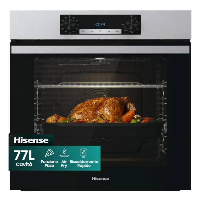 Hisense Forno incasso BI62216AX Forno da Incasso Multifunzione 77 L, Termoventilato, 11 Funzioni di Cottura, Pizza 300°C, Preriscaldamento Rapido, Pulizia Steam Clean, Guide Telescopiche, Disp