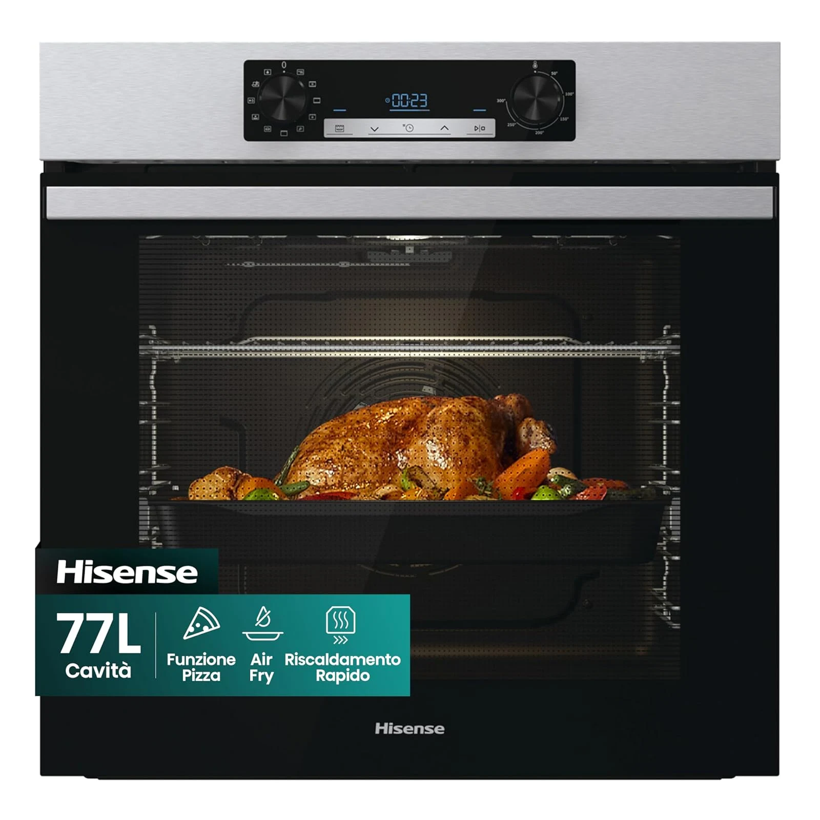 Hisense Forno incasso BI62216AX Forno da Incasso Multifunzione 77 L, Termoventilato, 11 Funzioni di Cottura, Pizza 300°C, Preriscaldamento Rapido, Pulizia Steam Clean, Guide Telescopiche, Disp