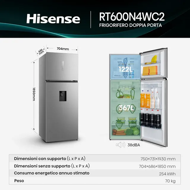 Hisense Frigorifero side by side RT600N4WC2 Frigorifero Doppia Porta, 467 Litri, Total No Frost, Col