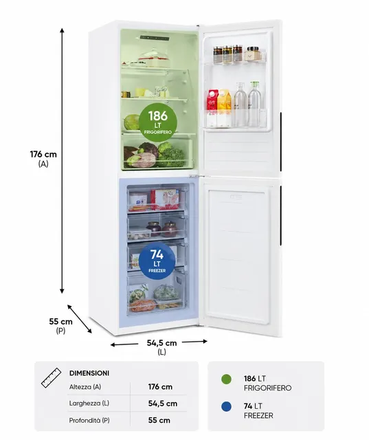 Candy Frigorifero side by side 260 L (186 City Combi Frigorifero Combinato Frigo + 74 Freezer), Low 