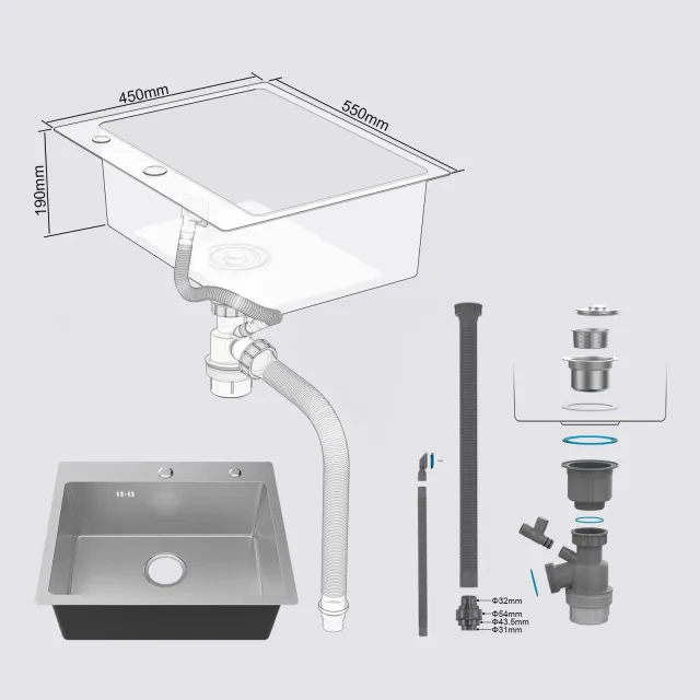 Ibergrif Lavello M85545 Lavello Cucina 1 Vasca con Set di Drenaggio, Lavabo Cucina con 2 Fori, 55 x 