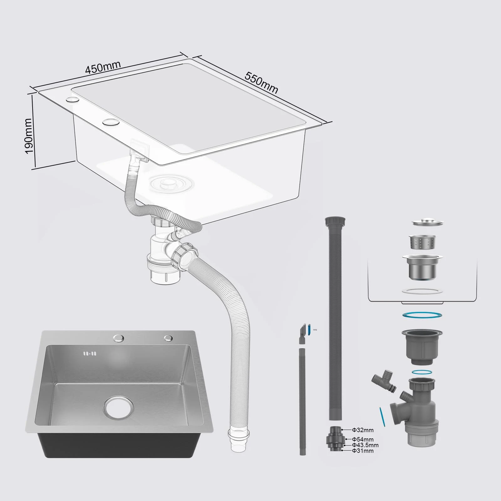 Ibergrif Lavello M85545 Lavello Cucina 1 Vasca con Set di Drenaggio, Lavabo Cucina con 2 Fori, 55 x