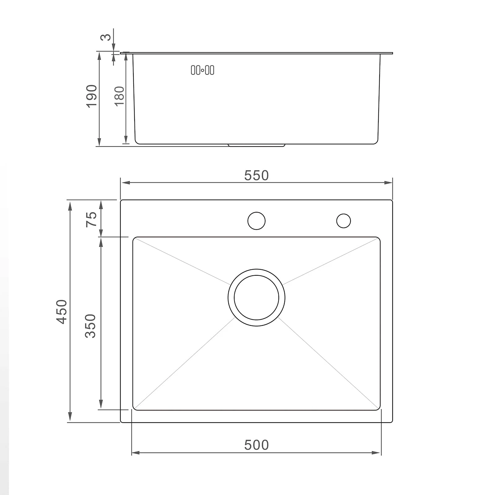 Ibergrif Lavello M85545 Lavello Cucina 1 Vasca con Set di Drenaggio, Lavabo Cucina con 2 Fori, 55 x