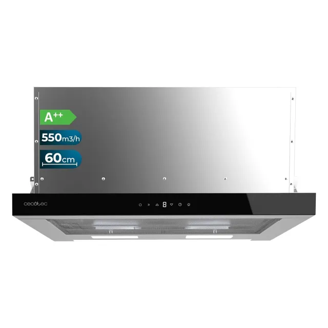 Cecotec Cappa cucina downdraft 550m³ Cappa Telescopica 60 cm Flux TLT 605500 Glass A++. Motore 70W, Basso Consumo, Fronte Vetro, Aspirazione /h, Controllo Tattile e Gestuale, Filtro a Carboni Attiv
