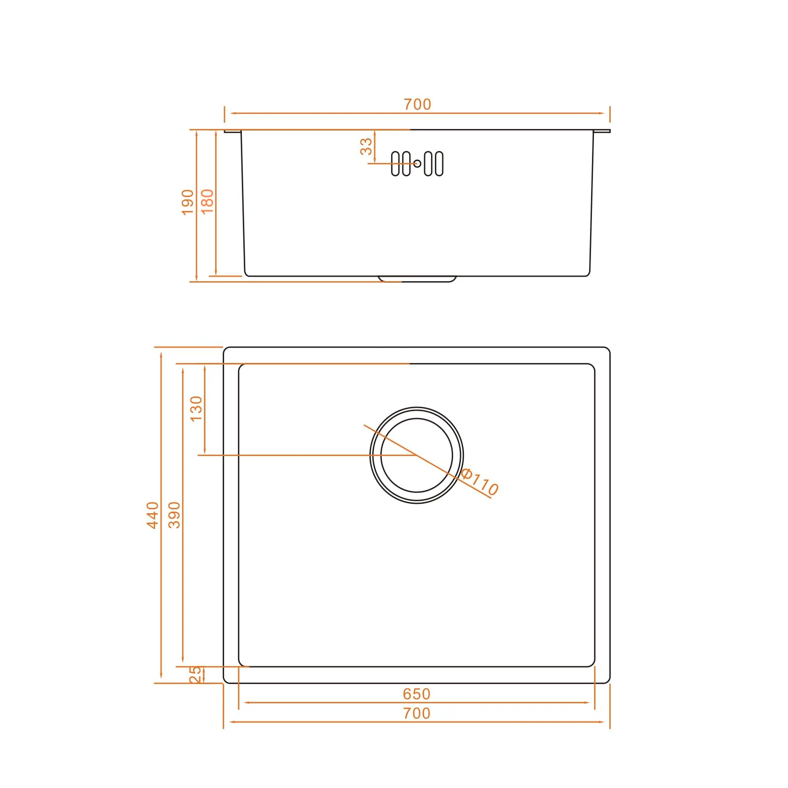 Ibergrif Lavello M87044B Lavello Cucina in Acciaio Inox 70x44 cm, Installazione a Sopratop o Filotop