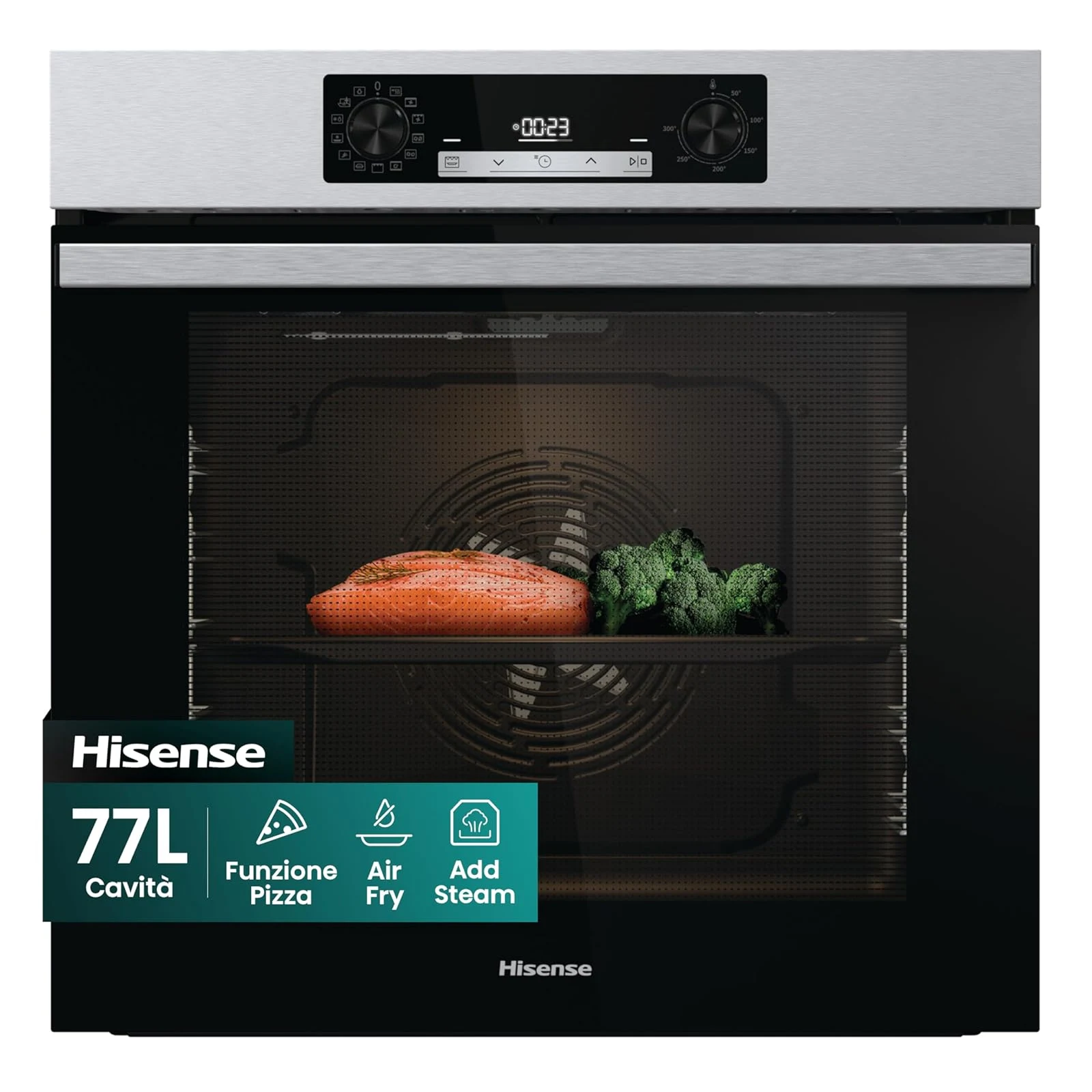 Hisense Forno incasso O65226AXS Forno Elettrico da Incasso Multifunzione con Vapore, Cavità 77 litri, 11 Funzioni di Cottura, Pizza 300°C, AirFry, Steam Clean, Preriscaldamento Rapido, Classe