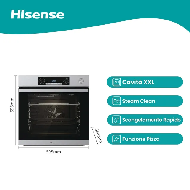 Hisense Forno incasso O66226AXS Forno Multifunzione Termoventilato, Cavità XXL 77 Litri, Pulizia Aqu