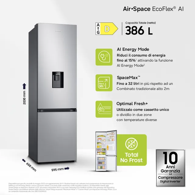 Samsung Frigorifero monoporta RB38C634DSA/EF Frigorifero Combinato EcoFlex AI con Dispenser dell'Acq