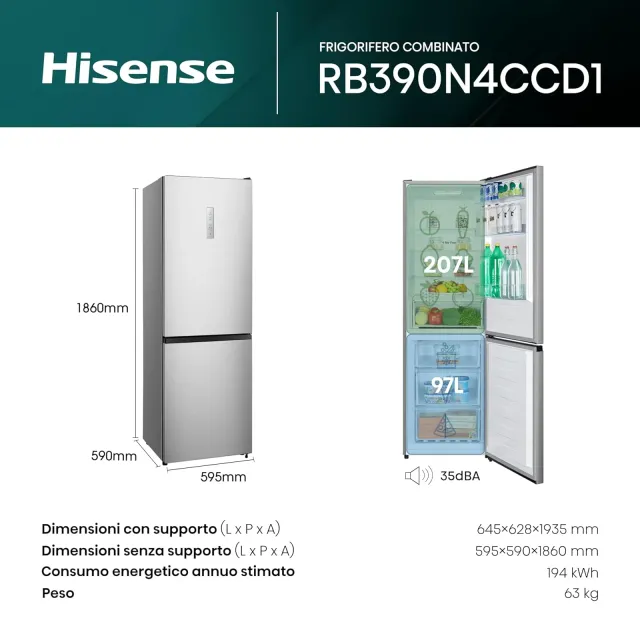 Hisense Frigorifero sottobase RB390N4CCD1 Frigorifero Combinato Total No Frost, Inox, 1.86x60cm, Cla