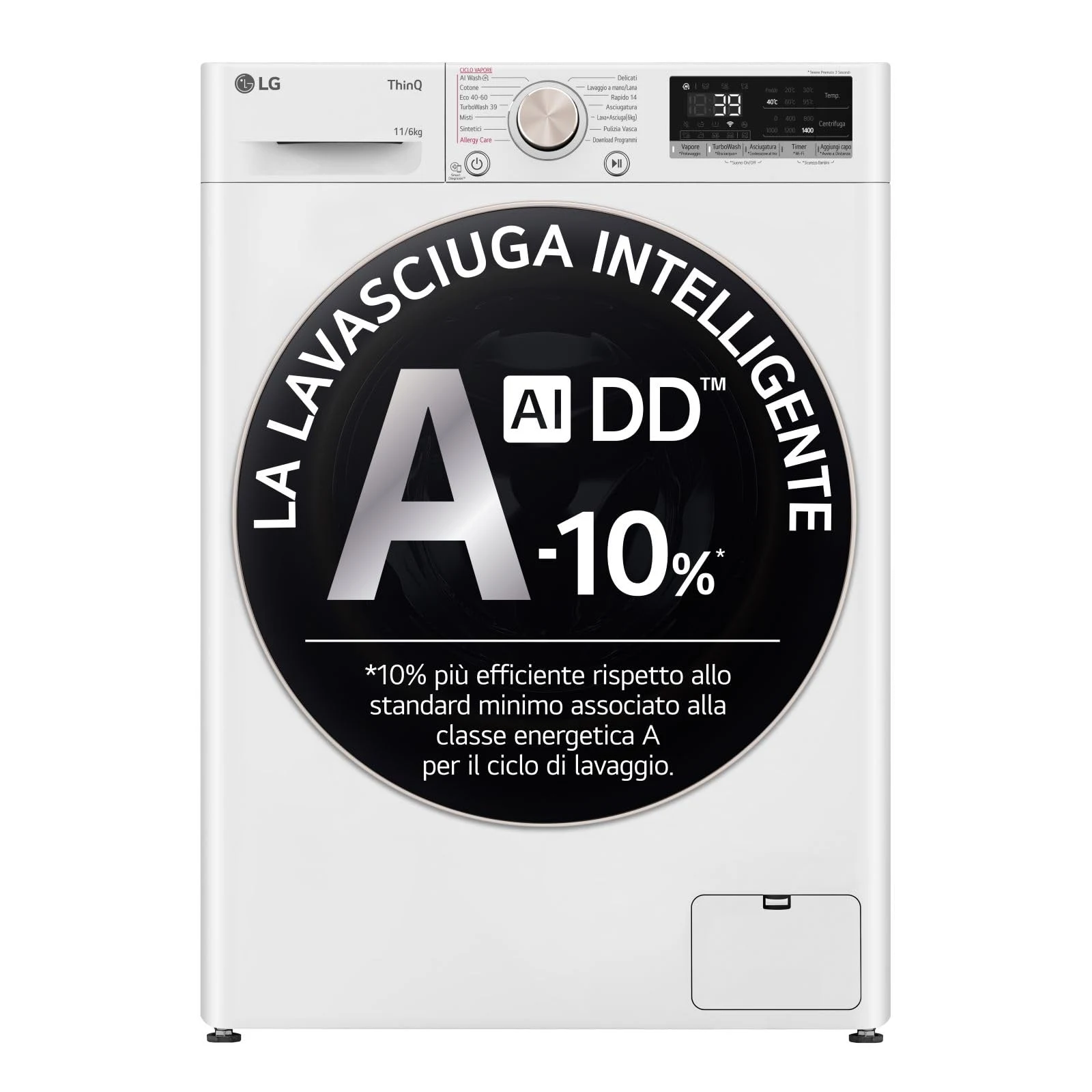 LG Lavasciuga incasso D4R7011TSWG AI DD Lavasciuga 11/6kg, Serie R7, Classe A-10%/D, Lavatrice Asciugatrice, 1400 Giri, TurboWash 360, Vapore, Allergy Care, Eco Hybrid, Wi-Fi, Bianca