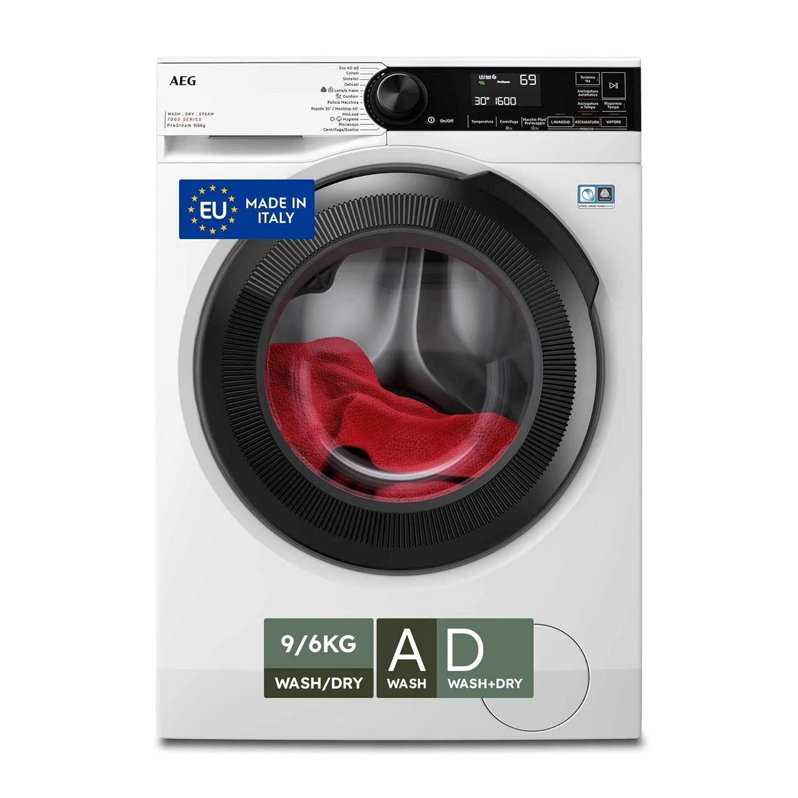 AEG Lavasciuga incasso LWR7D966OB Lavasciuga Serie 7000 ProSteam 9/6 kg, Vapore Refresh 25 min, SpecialCare Woolmark Blue, PreciseLoad, MixLoad 30°C 69 min, Care Drum, classe D, bianco