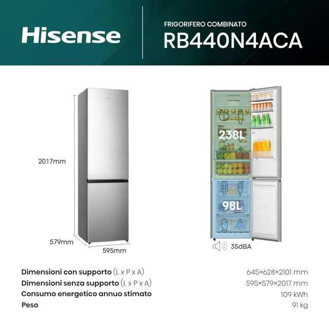 Hisense Frigorifero french door RB440N4ACA Frigorifero Combinato Total No Frost, Inox, 200x60 cm, Ri