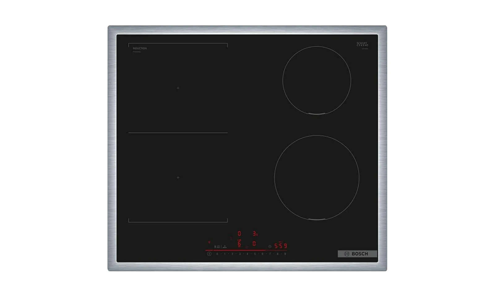 Bosch Piano cottura elettrico PVS645HB1E Serie 6 Smart Piano cottura a induzione (autosufficiente), larghezza 60 cm, combinazione di due zoo di cottura, telaio perimetrale, controllo della cappa basata