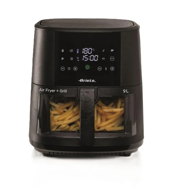 Ariete Friggitrice ad aria 4630 Friggitrice ad aria 9L, 1500 W, Capacità 9L, Capacità di cottura 2,5kg, 8 programmi preimpostati, Temperatura fino a 200°, Cestello trasparente, BPA Free, Nero