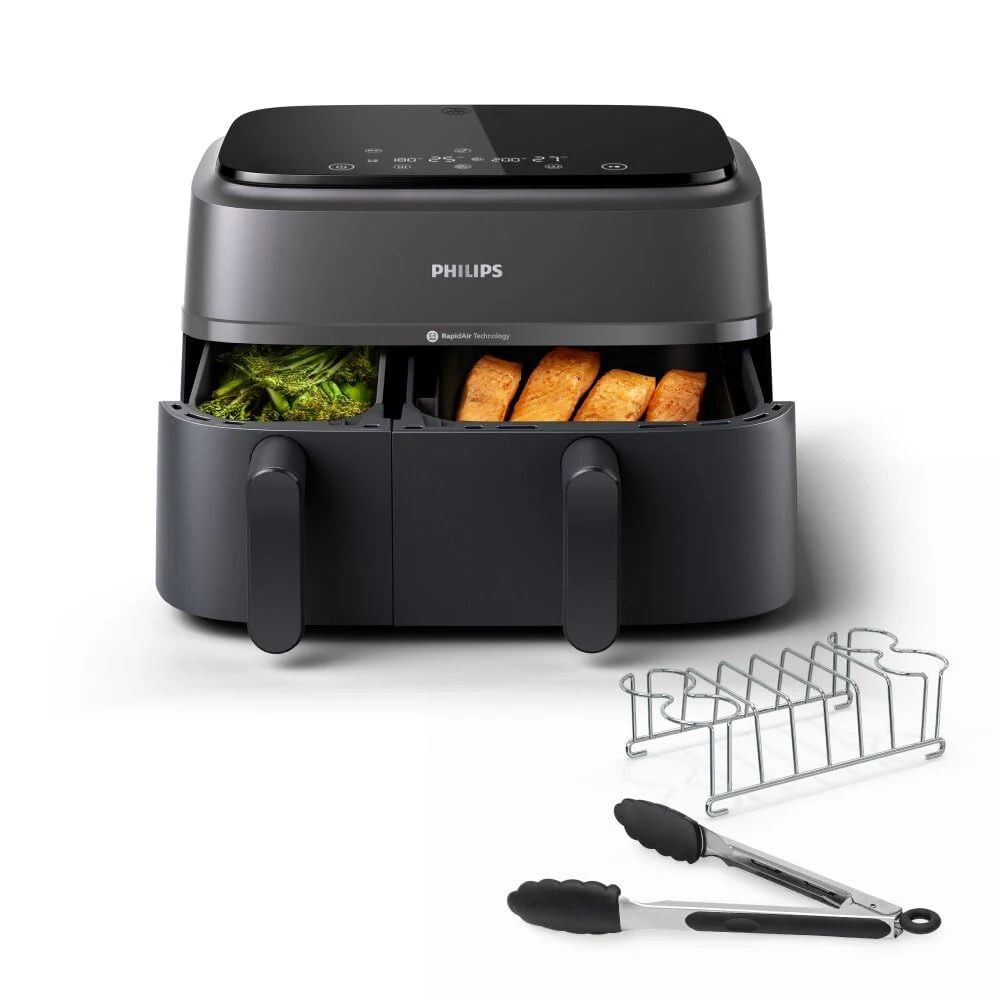Philips Friggitrice ad aria 3000 Airfryer Serie con doppio cestello - Friggitrice ad aria da 9L, Rapid Air, 99% di grassi in meno, kit colazione, risparmio energetico, ideale per tutta la famig
