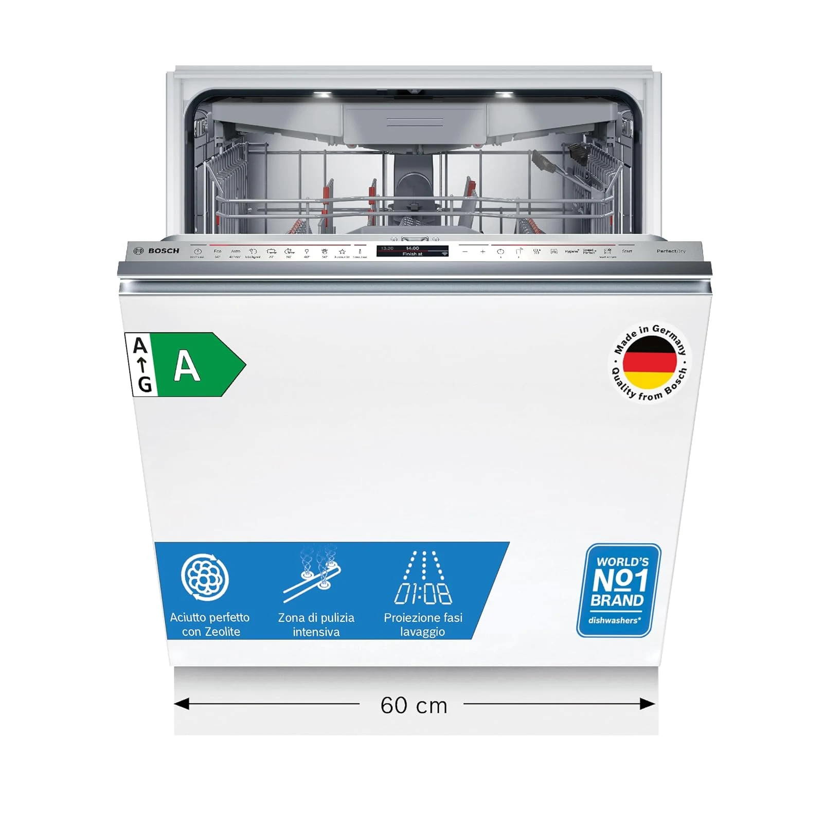 Bosch Lavastoviglie incasso compatta SMV8YCX02E Serie 8, Lavastoviglie da incasso a scomparsa totale, PerfectDry, Home Connect, Extra Clean Zone, EfficientDry, 60 cm
