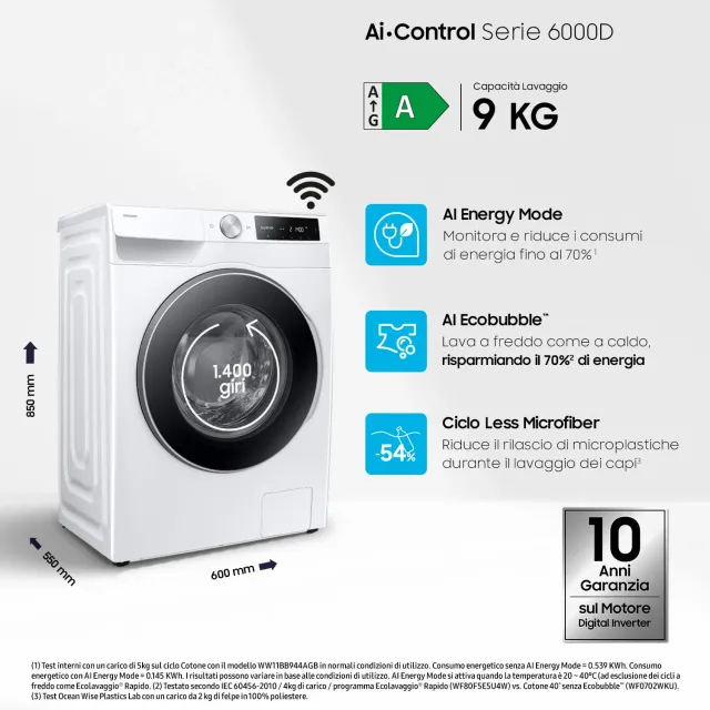 Samsung Lavatrice carica frontale WW90DG6U25LE/U3 Lavatrice AI Control Libera installazione, 9 Kg, 1