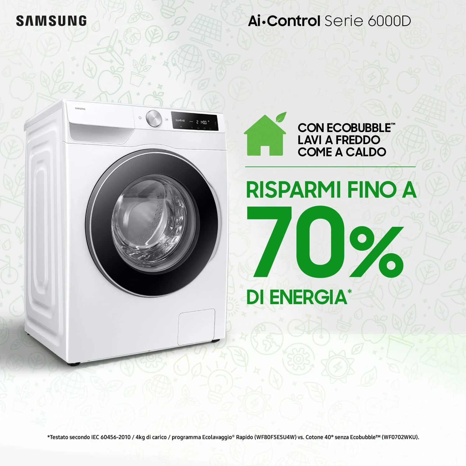 Samsung Lavatrice carica frontale WW90DG6U25LE/U3 Lavatrice AI Control Libera installazione, 9 Kg, 1