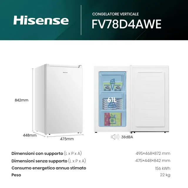 Hisense Congelatore FV78D4AWE Congelatore Monoporta Verticale Libera Installazione, 3 Cassetti, Capa