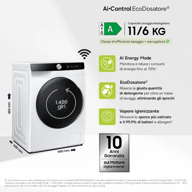 Samsung Lavasciuga incasso WD11DG6B85BKU3 11+6 Lavasciuga AI Control WD11DG6B85BKU3, 11+6 kg, Ecodos