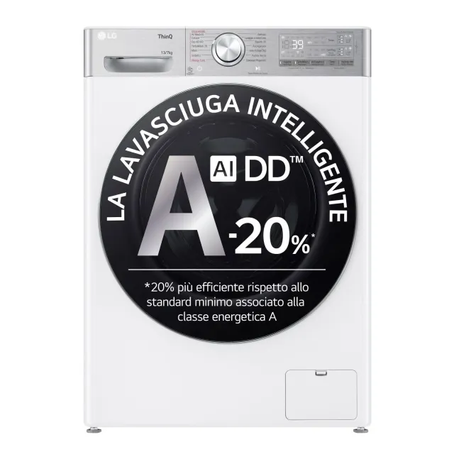LG Lavasciuga carica alto D4R9513TPWC AI DD Lavasciuga 13/7kg, Serie R9, Classe D, Lavatrice Asciugatrice, 1400 Giri, TurboWash 360, Vapore Steam+ e Antipiega, Autodosaggio, Wi-Fi, Bianca