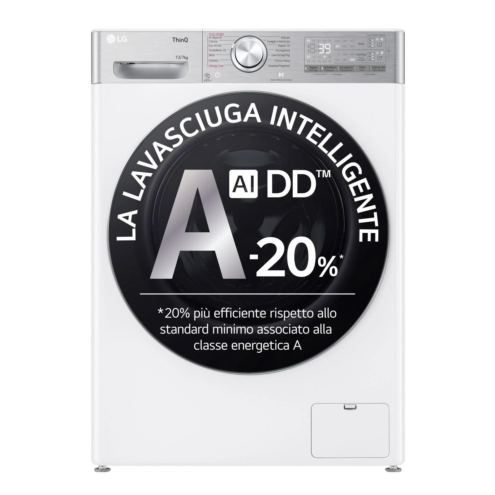 LG Lavasciuga carica alto D4R9513TPWC AI DD Lavasciuga 13/7kg, Serie R9, Classe D, Lavatrice Asciugatrice, 1400 Giri, TurboWash 360, Vapore Steam+ e Antipiega, Autodosaggio, Wi-Fi, Bianca
