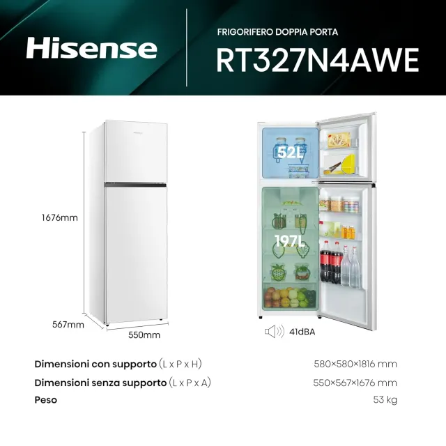 Hisense Frigorifero sottobase RT327N4AWE Frigorifero Doppia Porta a libera installazione Total No Fr