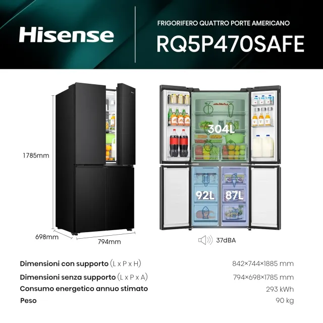 Hisense Frigorifero sottobase RQ5P470SAFE Frigorifero Americano Quattro Porte, 483 Litri, Total No F