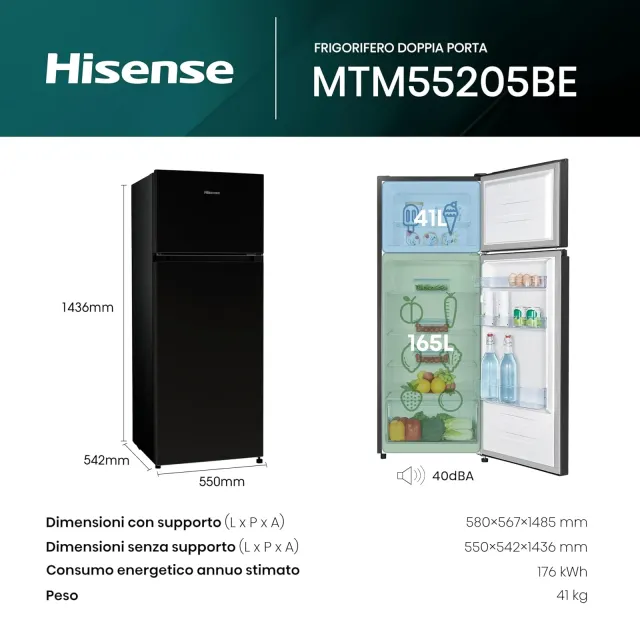 Hisense Frigorifero sottobase RT267D4ABE Frigorifero Doppia Porta, Capacità netta 206 L, Nero, Illum
