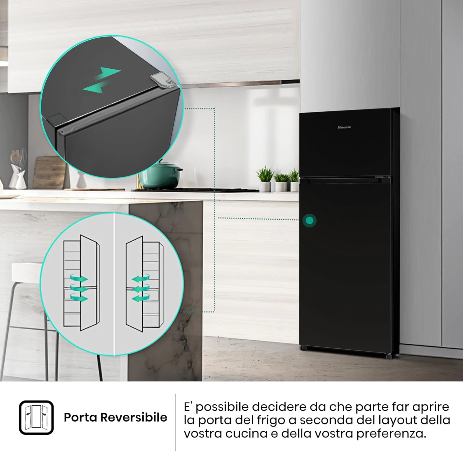 Hisense Frigorifero sottobase RT267D4ABE Frigorifero Doppia Porta, Capacità netta 206 L, Nero, Illum