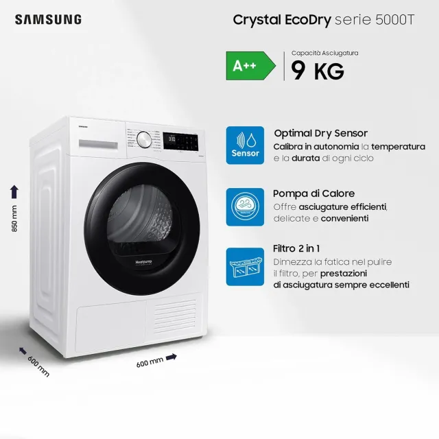 Samsung Asciugatrice DV90CGC0A0AEET 9 Asciugatrice Crystal EcoDry Kg, Pompa di Calore, Wifi, Sensore