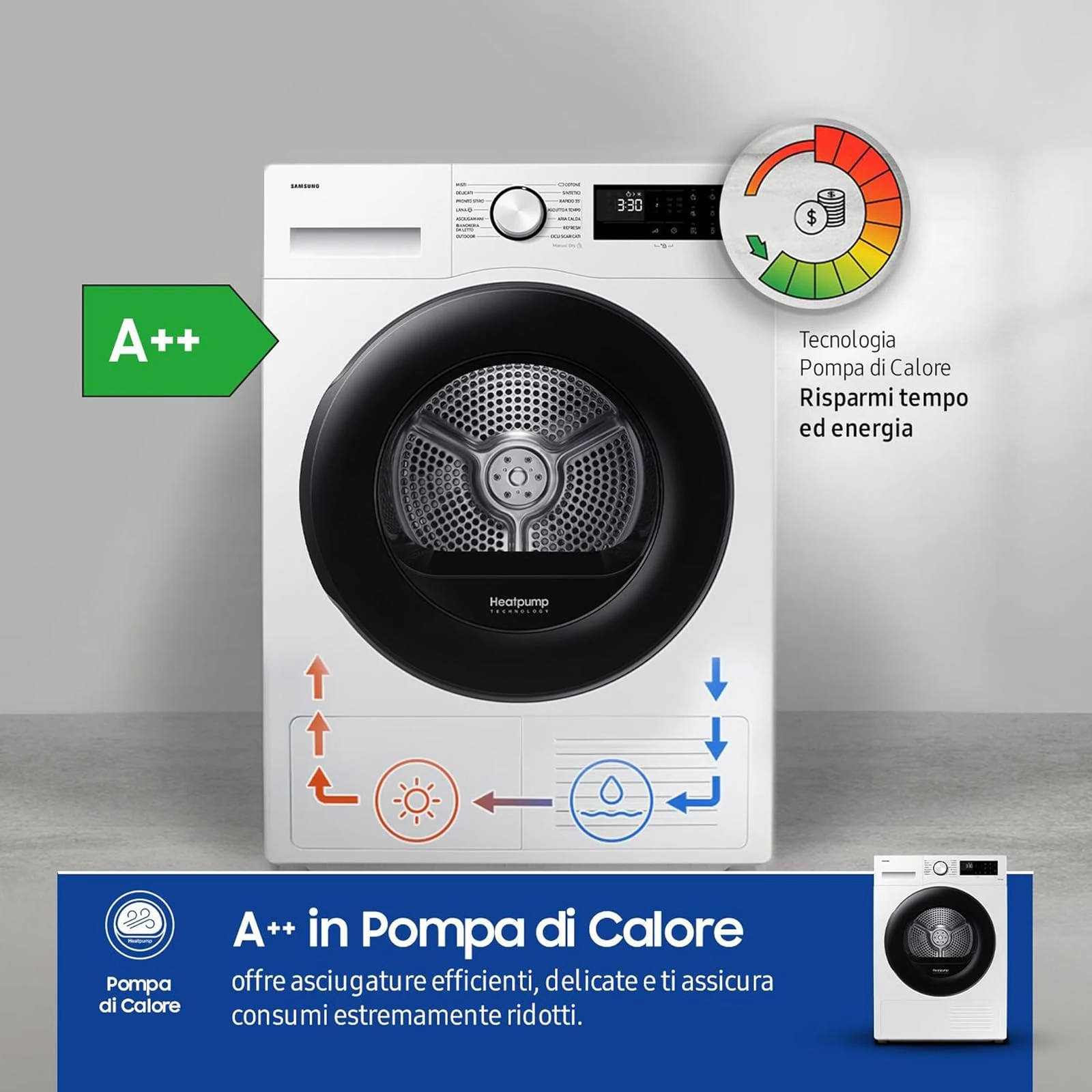 Samsung Asciugatrice DV90CGC0A0AEET 9 Asciugatrice Crystal EcoDry Kg, Pompa di Calore, Wifi, Sensore