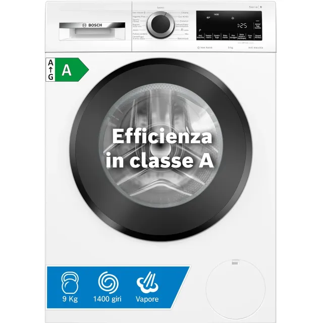 Bosch Lavatrice incasso WGG244Z0IT Serie 6, Lavatrice a carica frontale, capacità 9 kg, 1400 rpm, Iron Assist: riduce le pieghe fino al 50%, sistema Anti macchia, Bianco, 60 cm