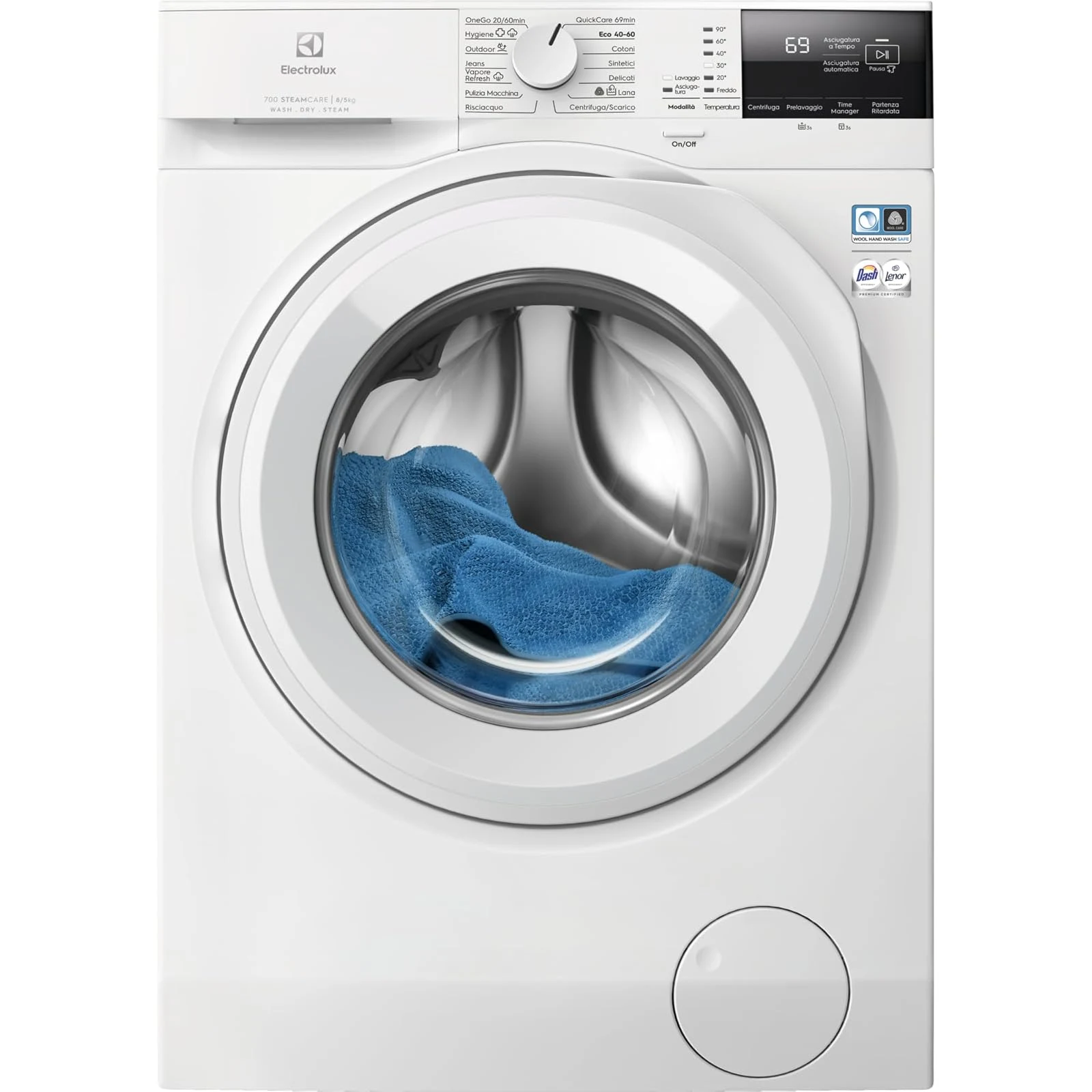 Electrolux Lavasciuga EW7W285W Lavasciuga 8 kg Lavaggio + 5 kg Asciugatura, SteamCare 700, SteamRefresh, DualCare, OneGo 20/60 min, 1400 giri, Tecnologia SensiCare+, Classe Energetica D, Cari