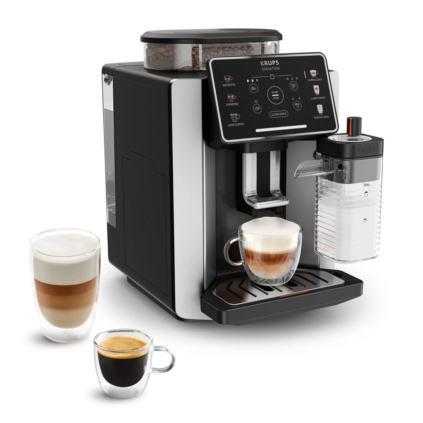 Krups Macchina caffè EA912E Sensation Milk M50, Macchina Caffè Chicchi con Touch Screen Intuitivo, Tecnologia Milk Maestro per Creare 6 Bevande, Serbatoio del Latte Integrato, Pulizia Auto