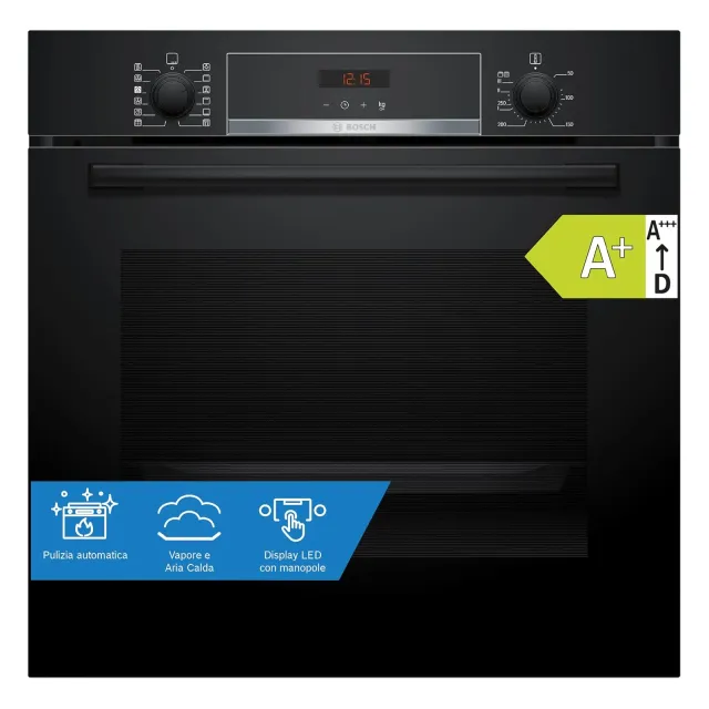 Bosch Forno incasso HQA574BB3 Serie 4, Forno con vapore da incasso, Pirolisi: pulizia del forno senza sforzo, Display LED rosso, 10 programmi automatici, Nero, 60 x 60 cm