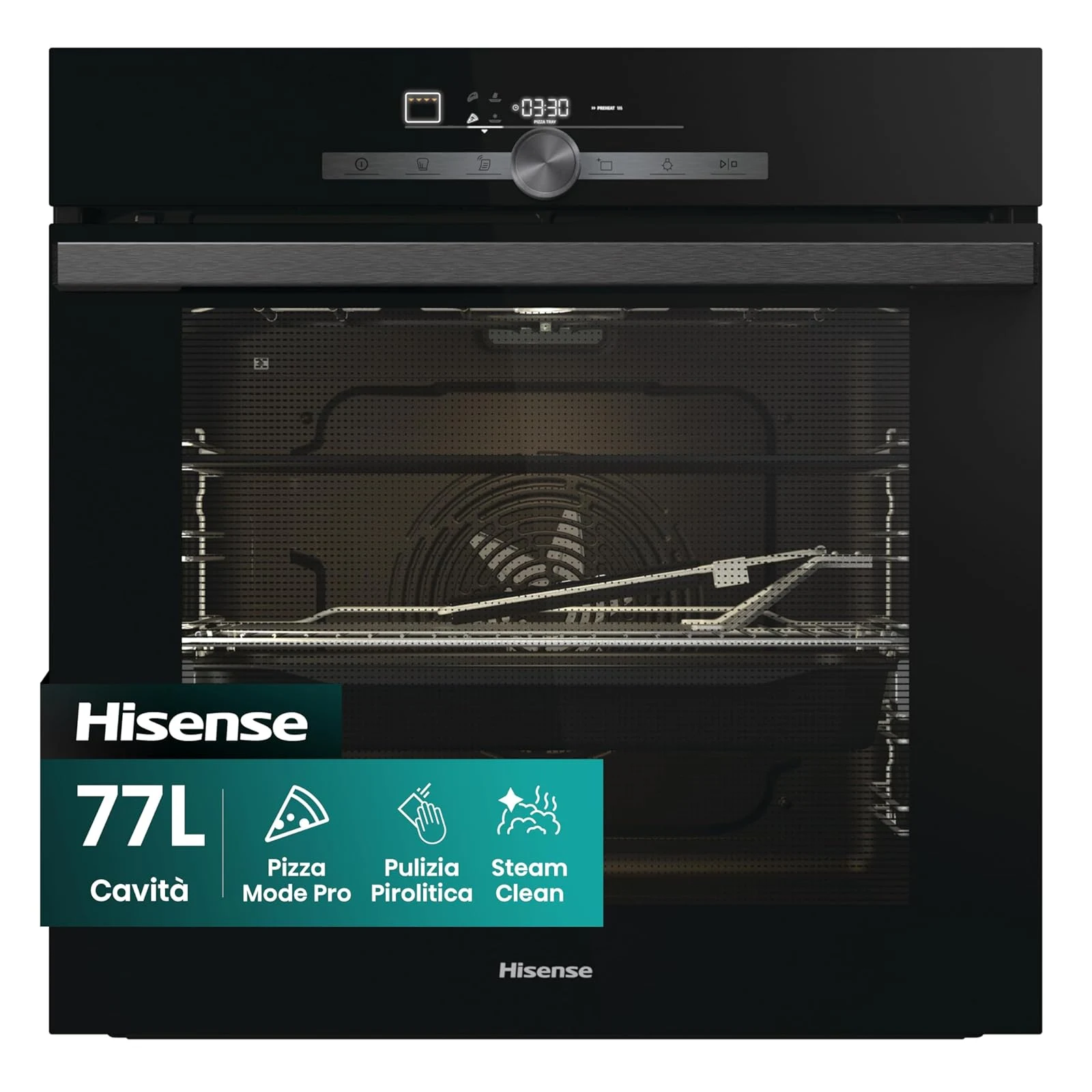 Hisense Forno incasso BI350BGPZ Forno da incasso, Funzione pizza 3:30 min a 350°, teglia antiaderente e paletta inclusi, Display digital, 77 l, 23 funzioni, guide telescopiche, pirolisi, nero,