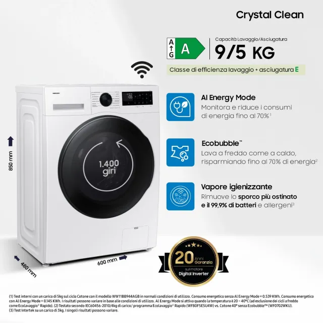 Samsung Lavasciuga incasso WD90DG5G34BE 9+5 Lavasciuga Crystal Clean Slim WD90DG5G34BE, 9+5 kg, Wifi